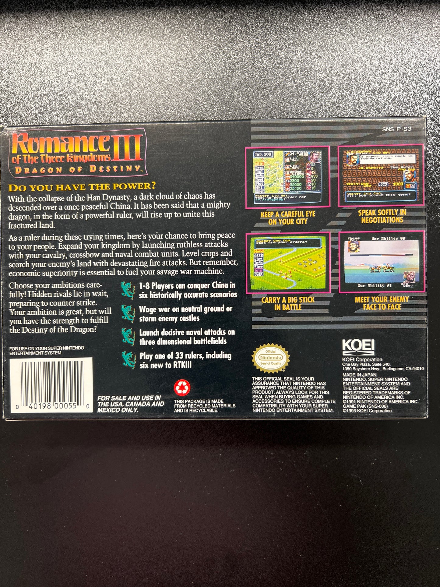 Romance of the Three Kingdoms 3 Dragon of Destiny SNES in Box