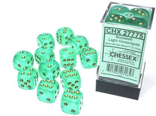 Chessex 16mm Borealis 12 Count D6 Dice Block - Pick Your Color