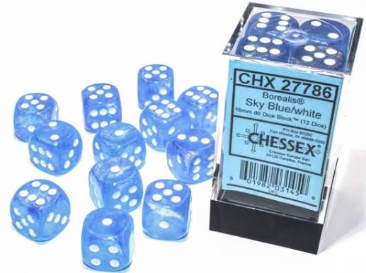 Chessex 16mm Borealis 12 Count D6 Dice Block - Pick Your Color