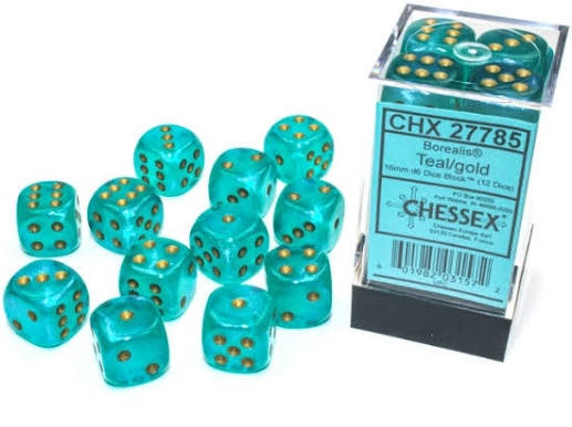 Chessex 16mm Borealis 12 Count D6 Dice Block - Pick Your Color