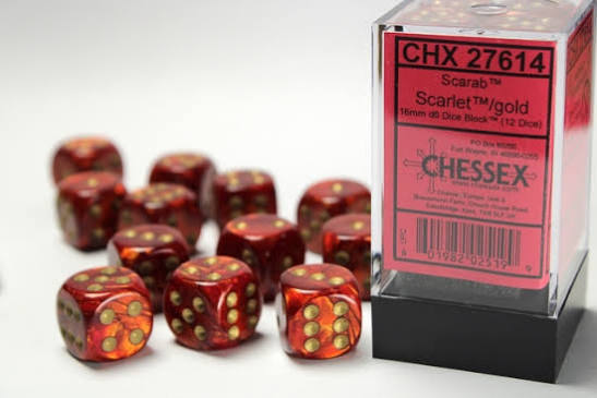 Chessex 16mm Scarab 12 Count D6 Dice Block - Pick Your Color